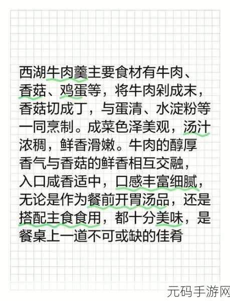 龙族幻想新食谱揭秘,西湖牛肉羹的美味之旅